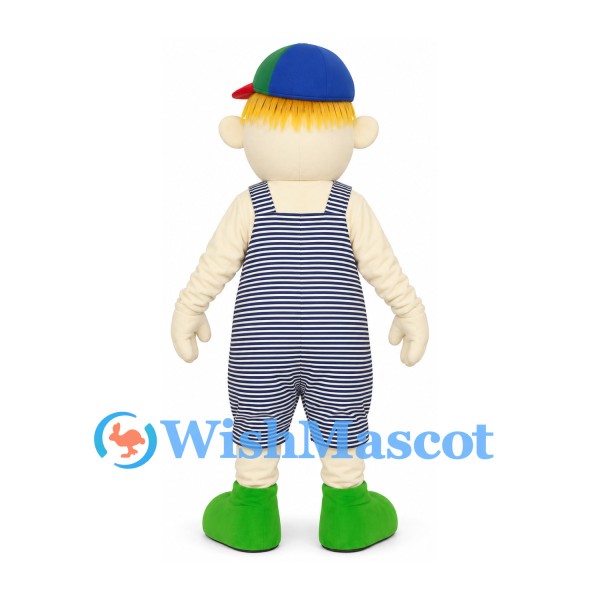 Rag Doll Boy Mascot Costume with Striped Overalls and Multicolor Cap