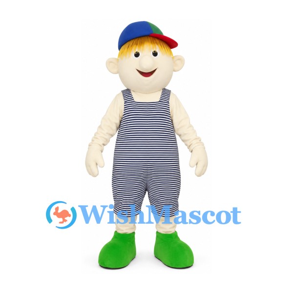 Rag Doll Boy Mascot Costume with Striped Overalls and Multicolor Cap