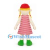 Rag Doll Girl Mascot Costume with Red Striped Dress and Braids