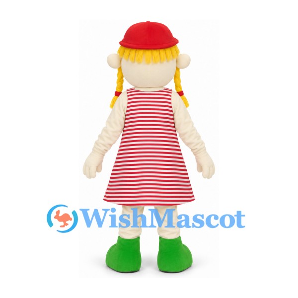 Rag Doll Girl Mascot Costume with Red Striped Dress and Braids