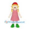 Rag Doll Girl Mascot Costume with Red Striped Dress and Braids