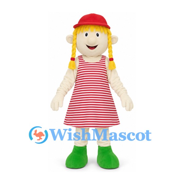 Rag Doll Girl Mascot Costume with Red Striped Dress and Braids