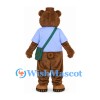 Bear Mascot Costume with Blue Shirt and Green Shoulder Bag