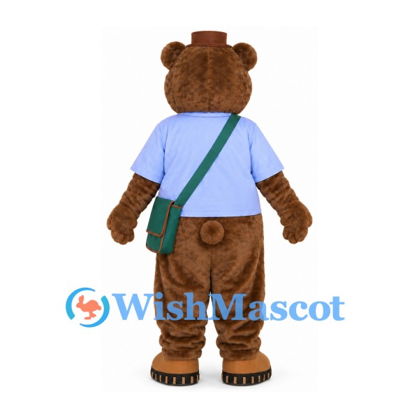 Bear Mascot Costume with Blue Shirt and Green Shoulder Bag