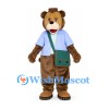 Bear Mascot Costume with Blue Shirt and Green Shoulder Bag