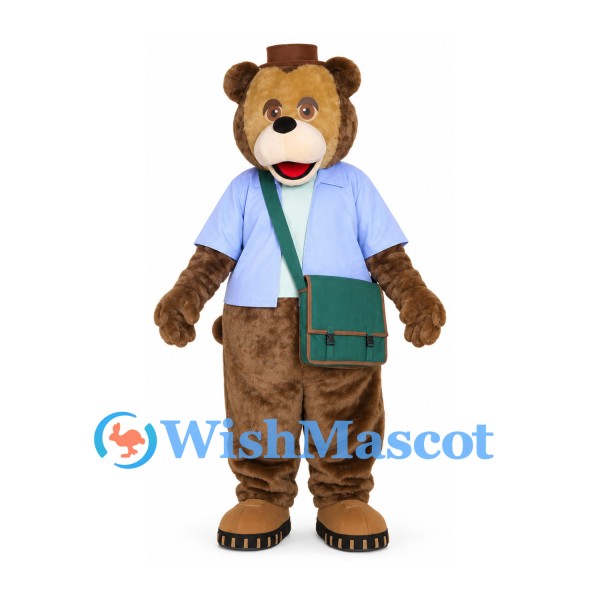 Bear Mascot Costume with Blue Shirt and Green Shoulder Bag