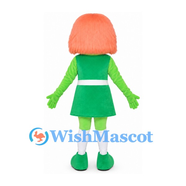 Girl Mascot Costume in Green with Orange Bob Hair