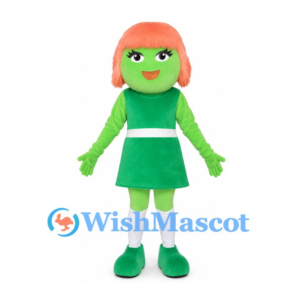 Girl Mascot Costume in Green with Orange Bob Hair