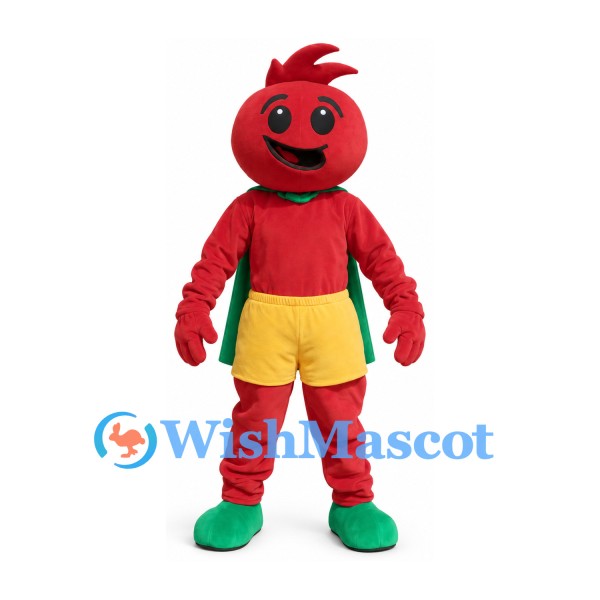 Tomato Mascot Costume with Green Cape and Yellow Shorts
