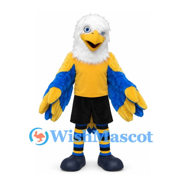 Eagle Mascot Costume with Yellow Jersey and Blue Feathered Wings