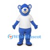 Bear Mascot Costume in Blue with White Shirt