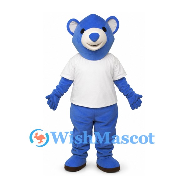 Bear Mascot Costume in Blue with White Shirt