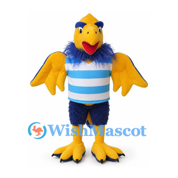 Bird Mascot Costume with Blue Cap and Striped Sports Shirt