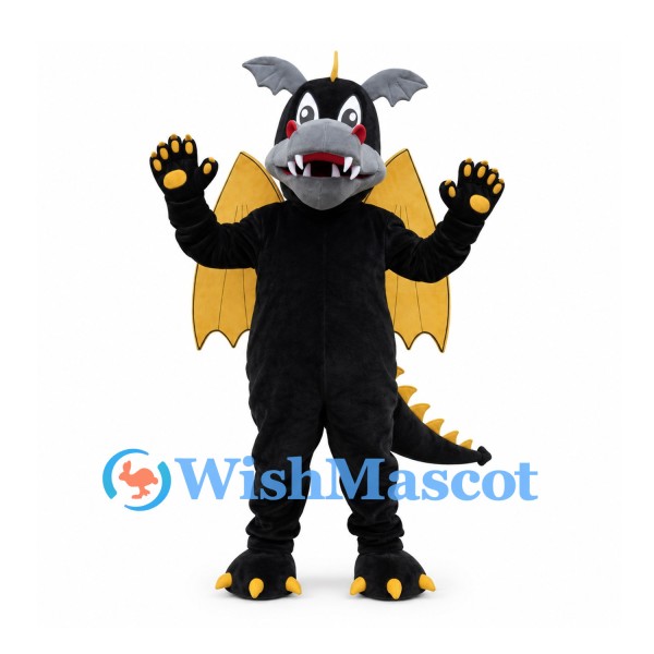 Dragon Mascot Costume in Black with Yellow Wings and Spines