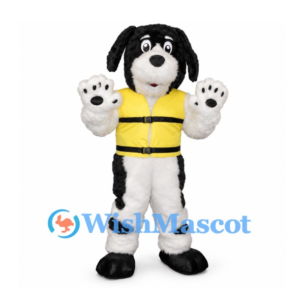 Dog Mascot Costume in Black and White with Yellow Life Vest