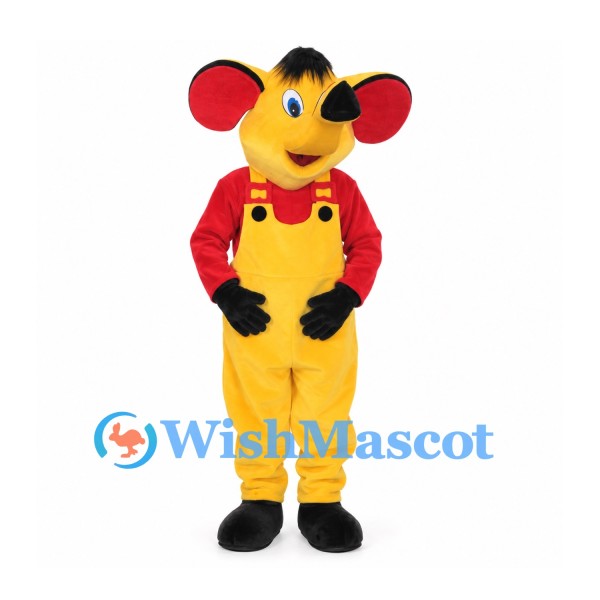 Mouse Mascot Costume with Red Shirt and Yellow Bib Overalls