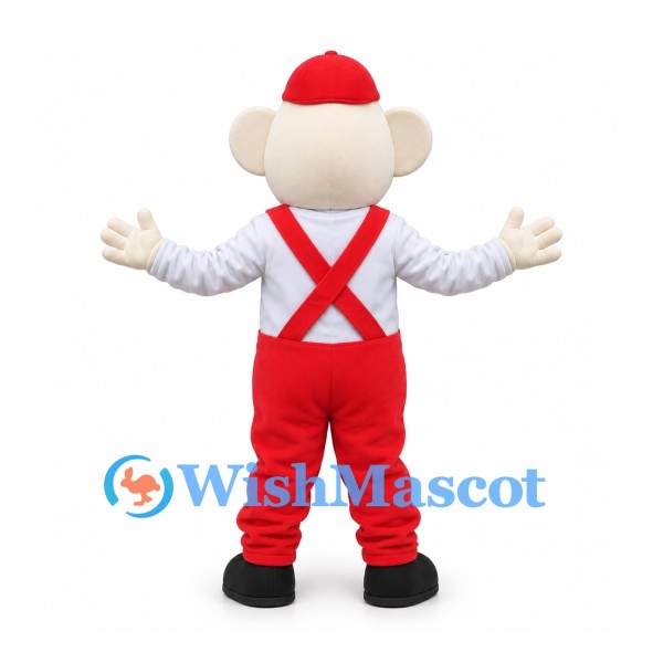 Mouse Mascot Costume in White with Red Overalls and Cap