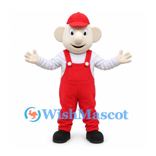 Mouse Mascot Costume in White with Red Overalls and Cap