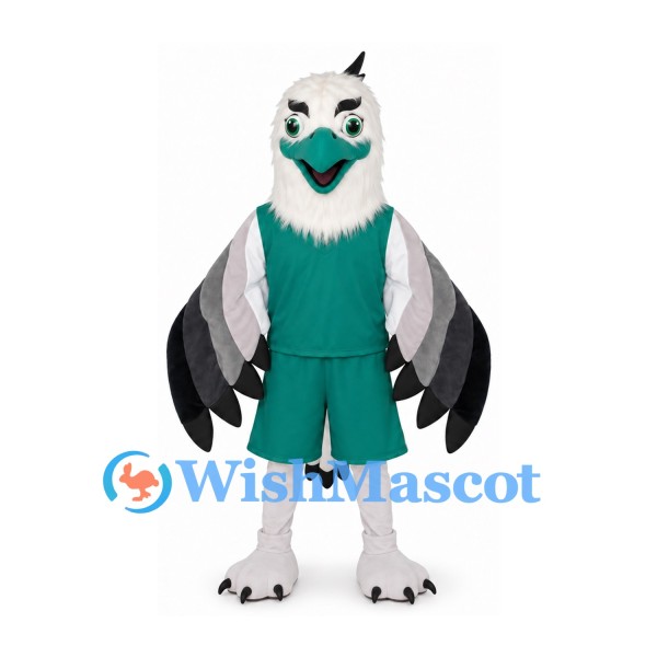 Eagle Mascot Costume with Teal Uniform and Layered Gray Wings