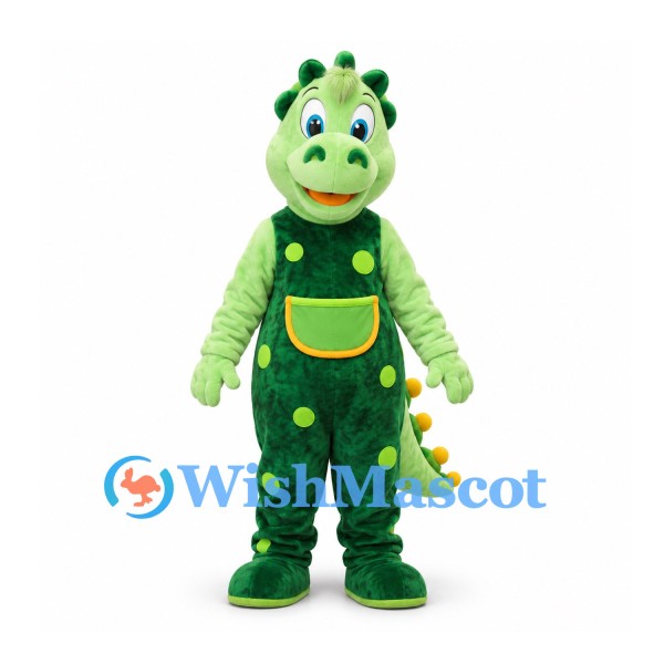 Dinosaur Mascot Costume with Green Polka Dot Overalls