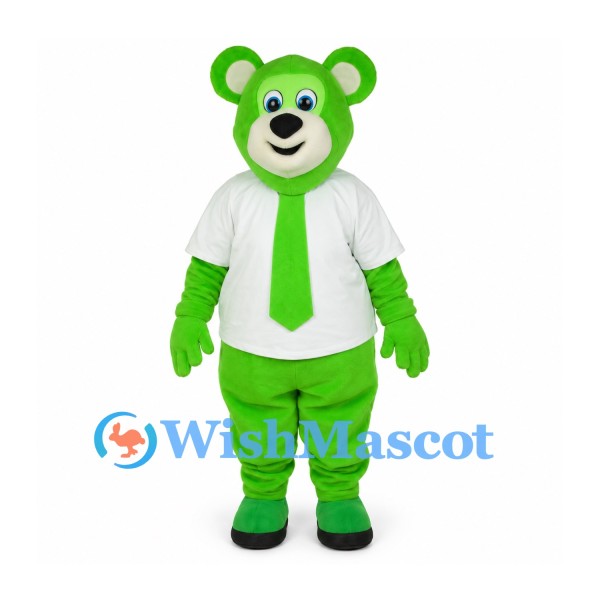 Bear Mascot Costume in Green with White Shirt and Green Tie