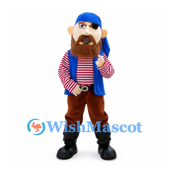 Pirate Mascot Costume with Blue Bandana and Striped Shirt