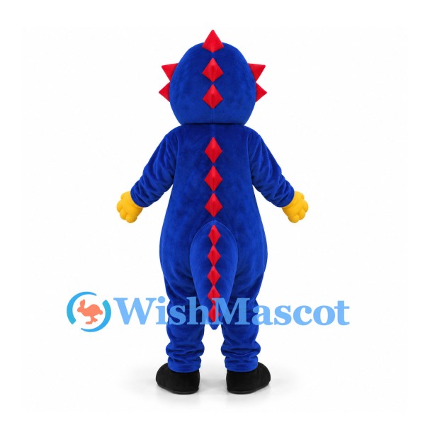 Dinosaur Mascot Costume in Blue with Yellow Belly and Red Spines