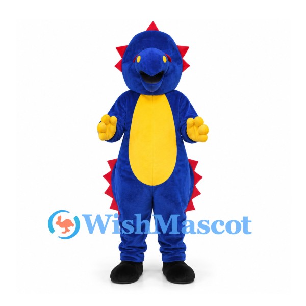 Dinosaur Mascot Costume in Blue with Yellow Belly and Red Spines