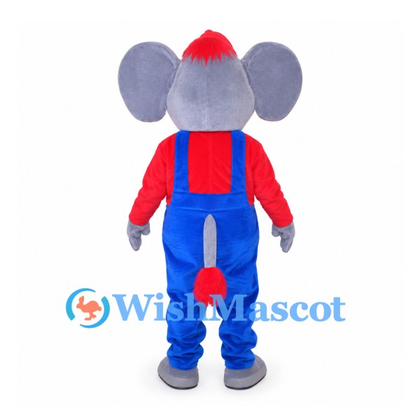 Elephant Mascot Costume in Gray with Red Shirt and Blue Overalls