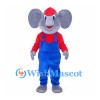 Elephant Mascot Costume in Gray with Red Shirt and Blue Overalls