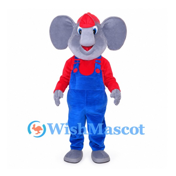 Elephant Mascot Costume in Gray with Red Shirt and Blue Overalls