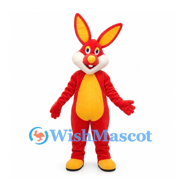 Rabbit Mascot Costume in Red with Yellow Belly and Shoes