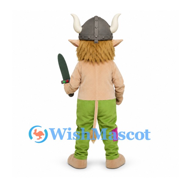 Viking Mascot Costume with Horned Helmet and Green Trousers