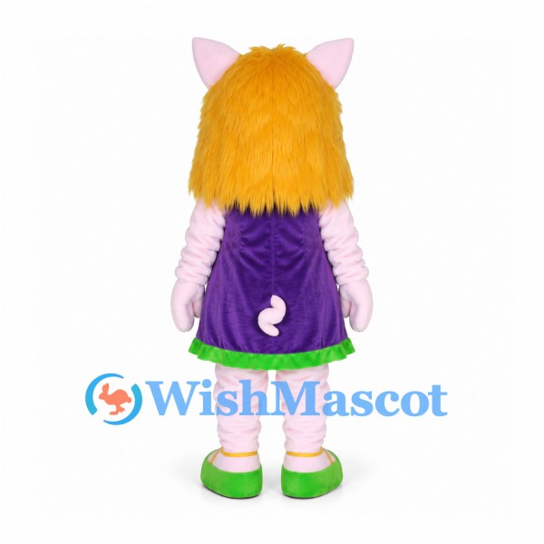 Pig Mascot Costume with Purple Dress and Green Hair Bows