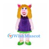 Pig Mascot Costume with Purple Dress and Green Hair Bows