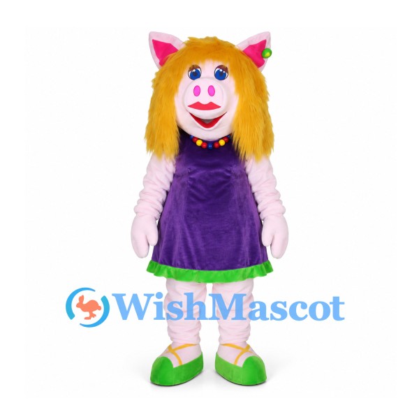 Pig Mascot Costume with Purple Dress and Green Hair Bows