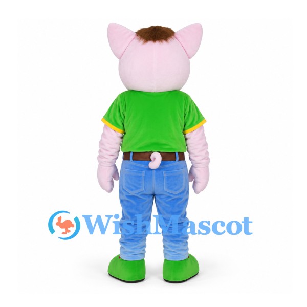 Pig Mascot Costume with Green T-Shirt and Blue Trousers