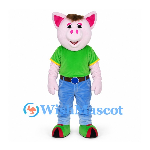 Pig Mascot Costume with Green T-Shirt and Blue Trousers