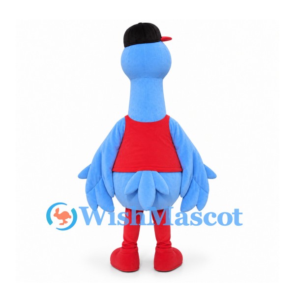 Blue Bird Mascot Costume with Black Cap and Red Shirt