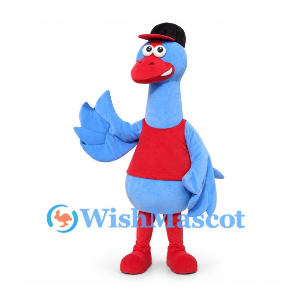 Blue Bird Mascot Costume with Black Cap and Red Shirt