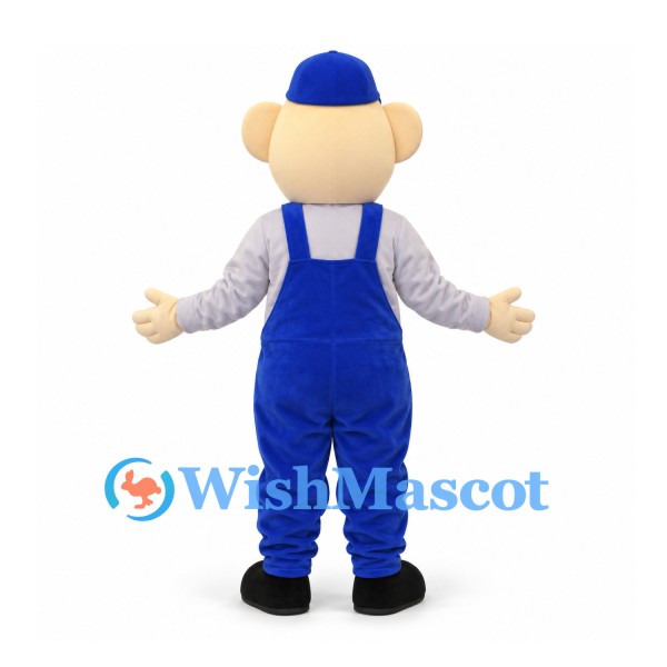 Worker Mascot Costume with Blue Cap and Overalls