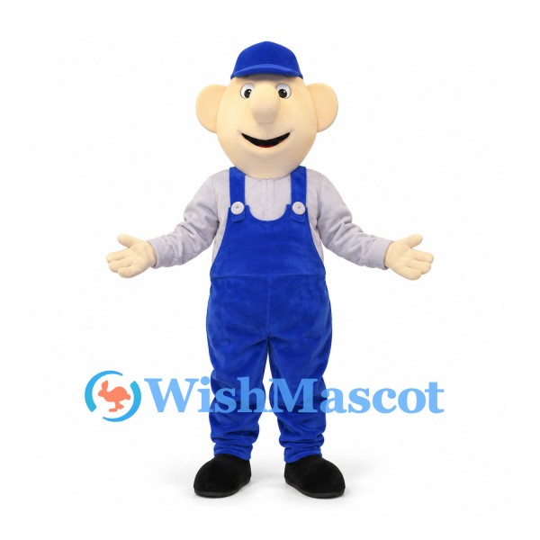 Worker Mascot Costume with Blue Cap and Overalls