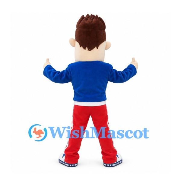 Man Mascot Costume with Brown Spiky Hair and Blue Jacket