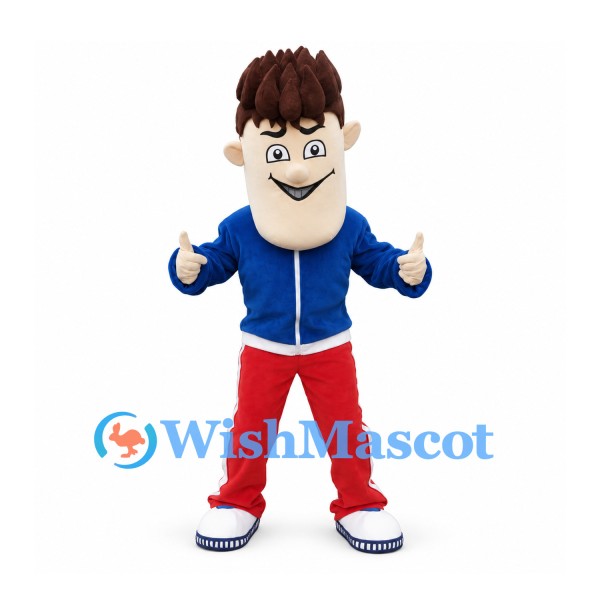 Man Mascot Costume with Brown Spiky Hair and Blue Jacket