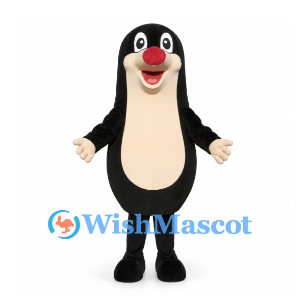 Mole Mascot Costume in Black with Cream Belly and Red Nose