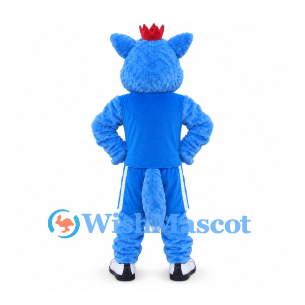 Wolf Mascot Costume in Blue with Crown and Sports Uniform