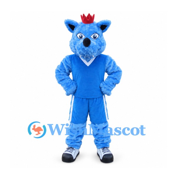 Wolf Mascot Costume in Blue with Crown and Sports Uniform