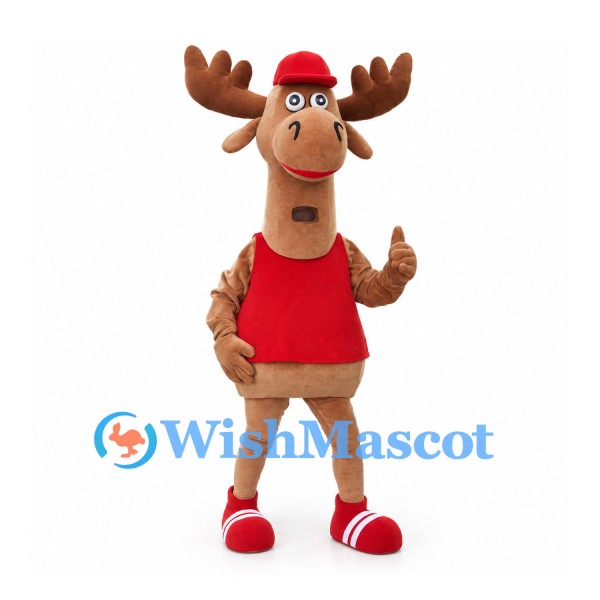 Moose Mascot Costume with Red Cap and Tank Top