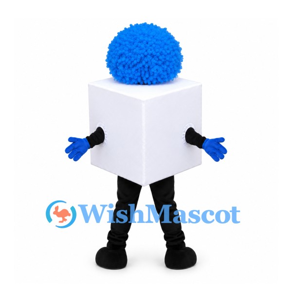 Cube Character Mascot Costume with Blue Curly Hair