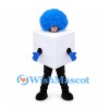 Cube Character Mascot Costume with Blue Curly Hair